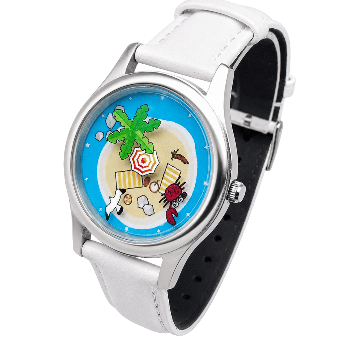 Angled view of Lazy Island Diary tropical island dial watch showing silver-tone case, crown and white strap with black lining