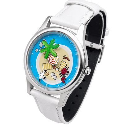 Angled view of Lazy Island Diary tropical island dial watch showing silver-tone case, crown and white strap with black lining