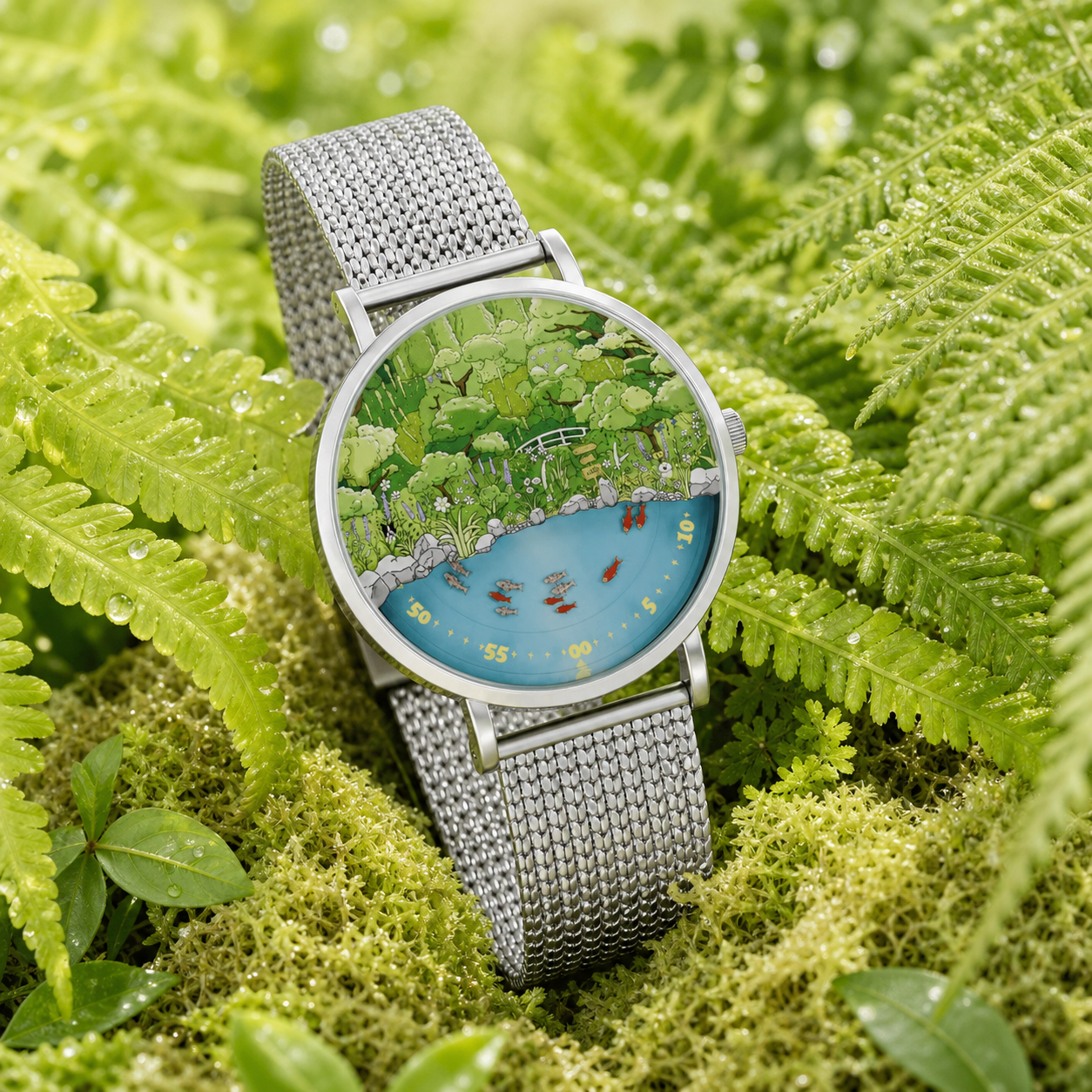 Mystic Koi Pond watch with silver mesh strap among green ferns and moss