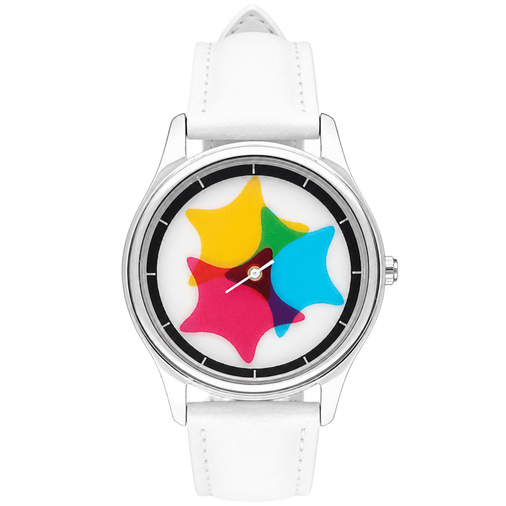 Chroma Morph CMY kaleidoscope watch with white strap front view
