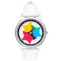 Chroma Morph CMY kaleidoscope watch with white strap front view
