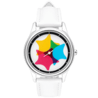 Chroma Morph CMY kaleidoscope watch with white strap front view