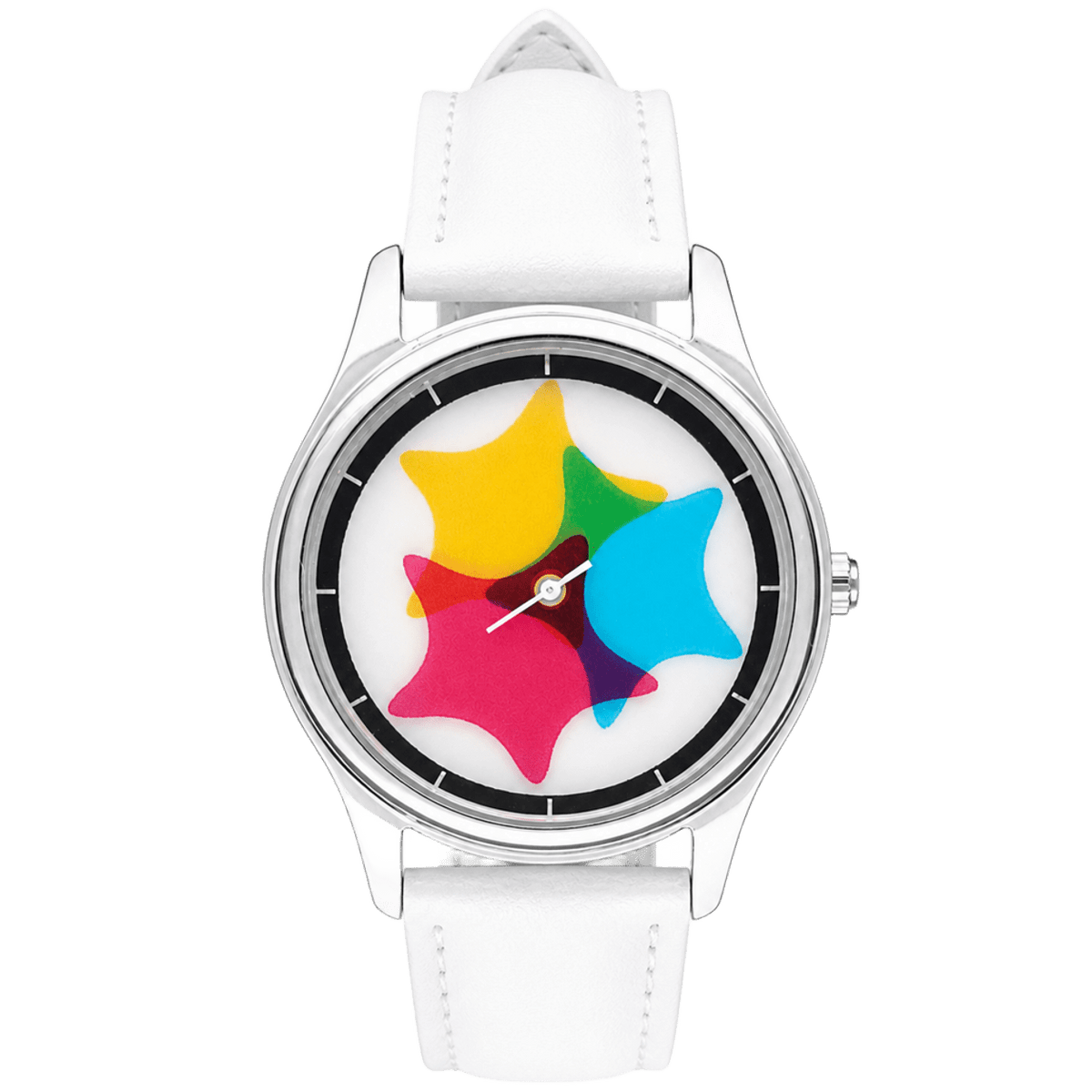 Chroma Morph CMY kaleidoscope watch with white strap front view