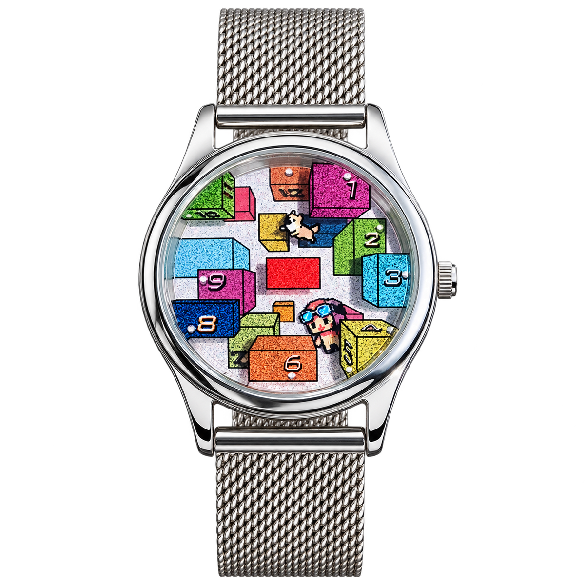CHOOSZ Weightless Hours watch with colorful numbered-block dial, illustrated character hands and silver stainless steel mesh bracelet