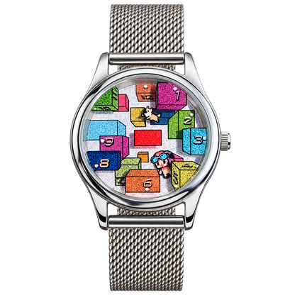 CHOOSZ Weightless Hours watch with colorful numbered-block dial, illustrated character hands and silver stainless steel mesh bracelet