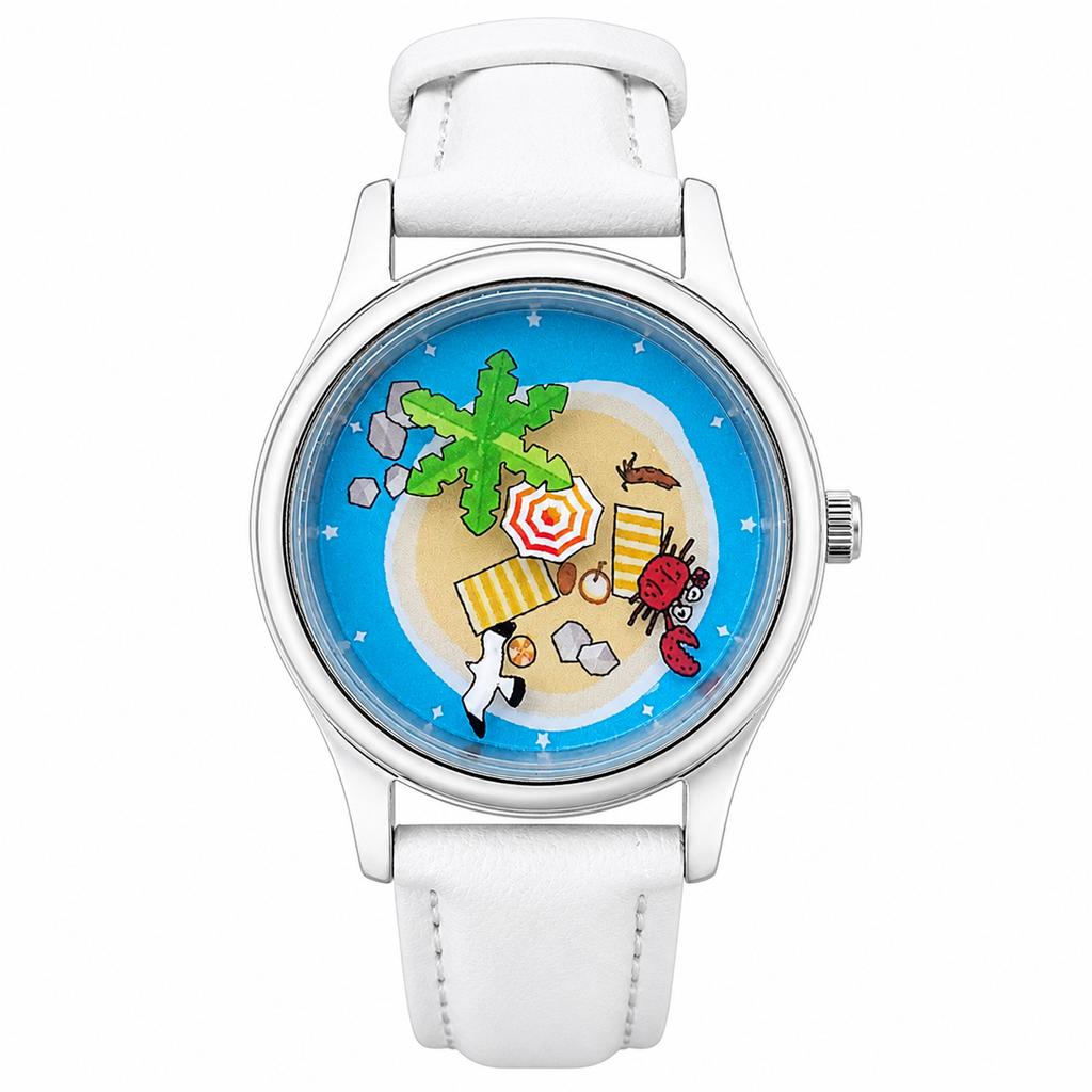 Lazy Island Diary hand-painted beach dial watch front view
