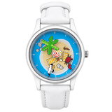Lazy Island Diary watch with illustrated tropical island dial, silver-tone case and white strap, front view