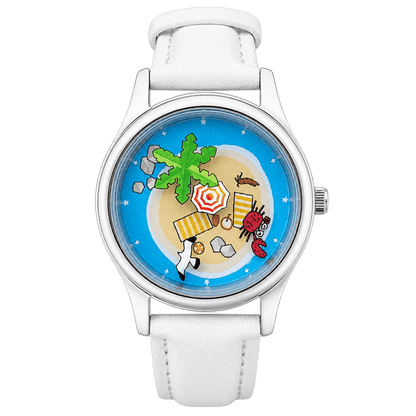 Lazy Island Diary watch with illustrated tropical island dial, silver-tone case and white strap, front view
