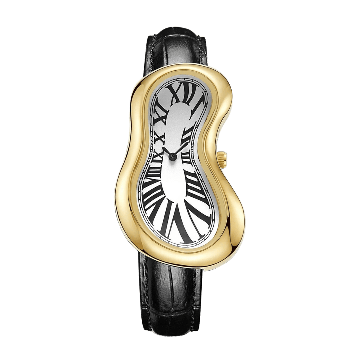 Fluid Mirage montre avec boîtier fondu doré, cadran en chiffres romains blancs et bracelet en cuir noir, vue avant