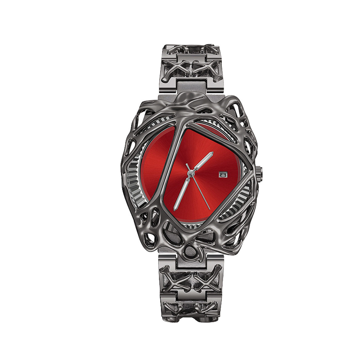 Void Lattice red dial cyberpunk metal cage watch front view