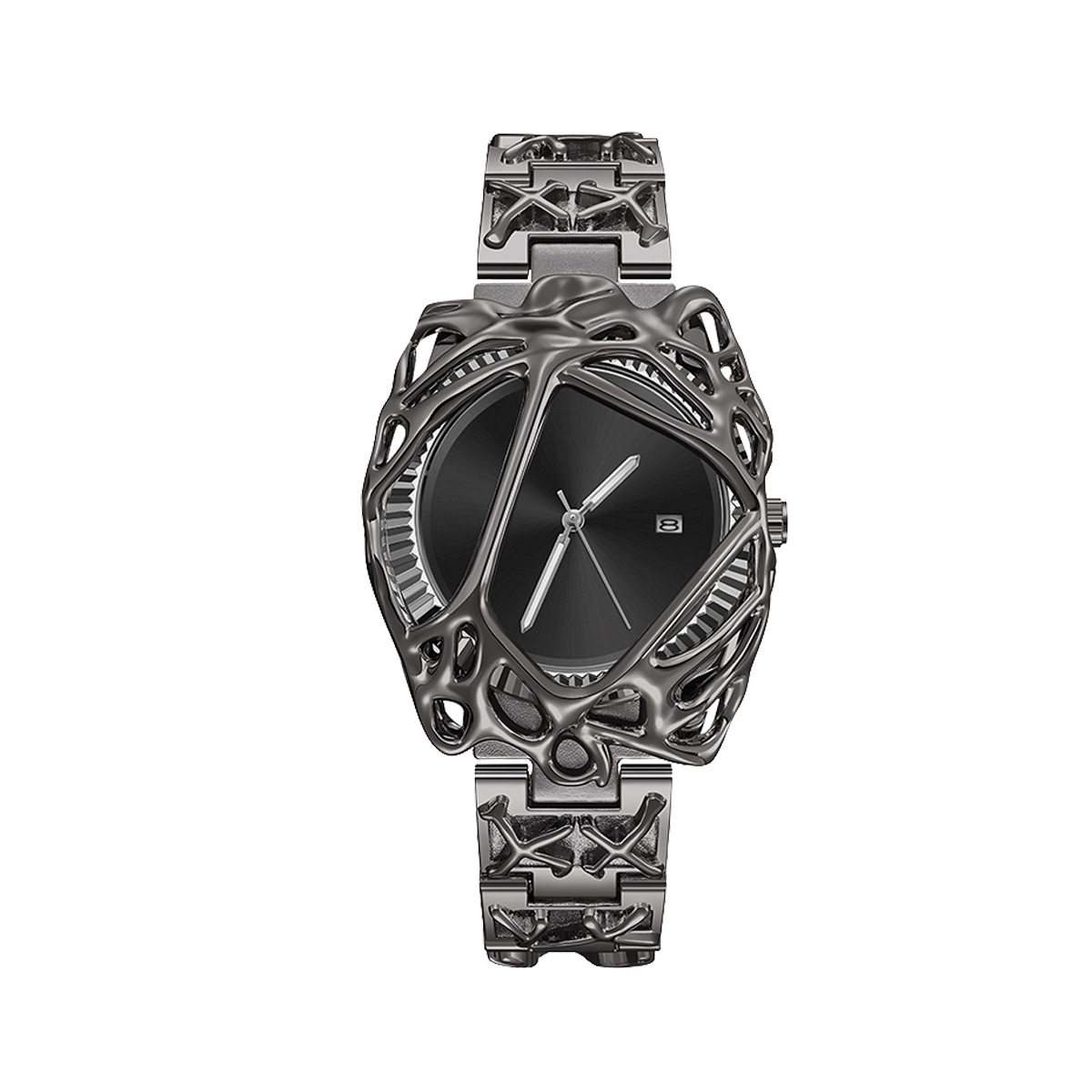 Void Lattice black dial cyberpunk metal cage watch front view