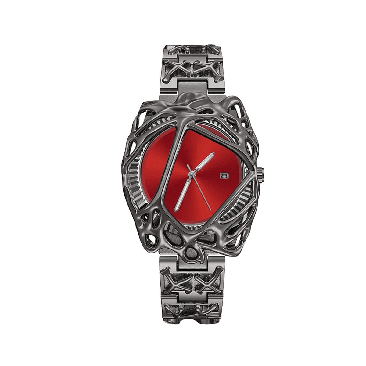 Void Lattice montre avec cadran rouge, fenêtre de date, boîtier en cage sculptural argenté et bracelet métallique assorti, vue avant