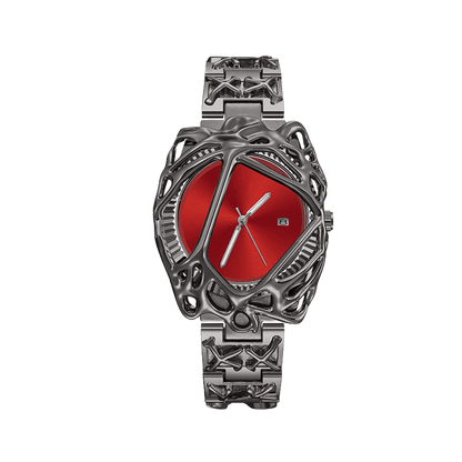Void Lattice montre avec cadran rouge, fenêtre de date, boîtier en cage sculptural argenté et bracelet métallique assorti, vue avant
