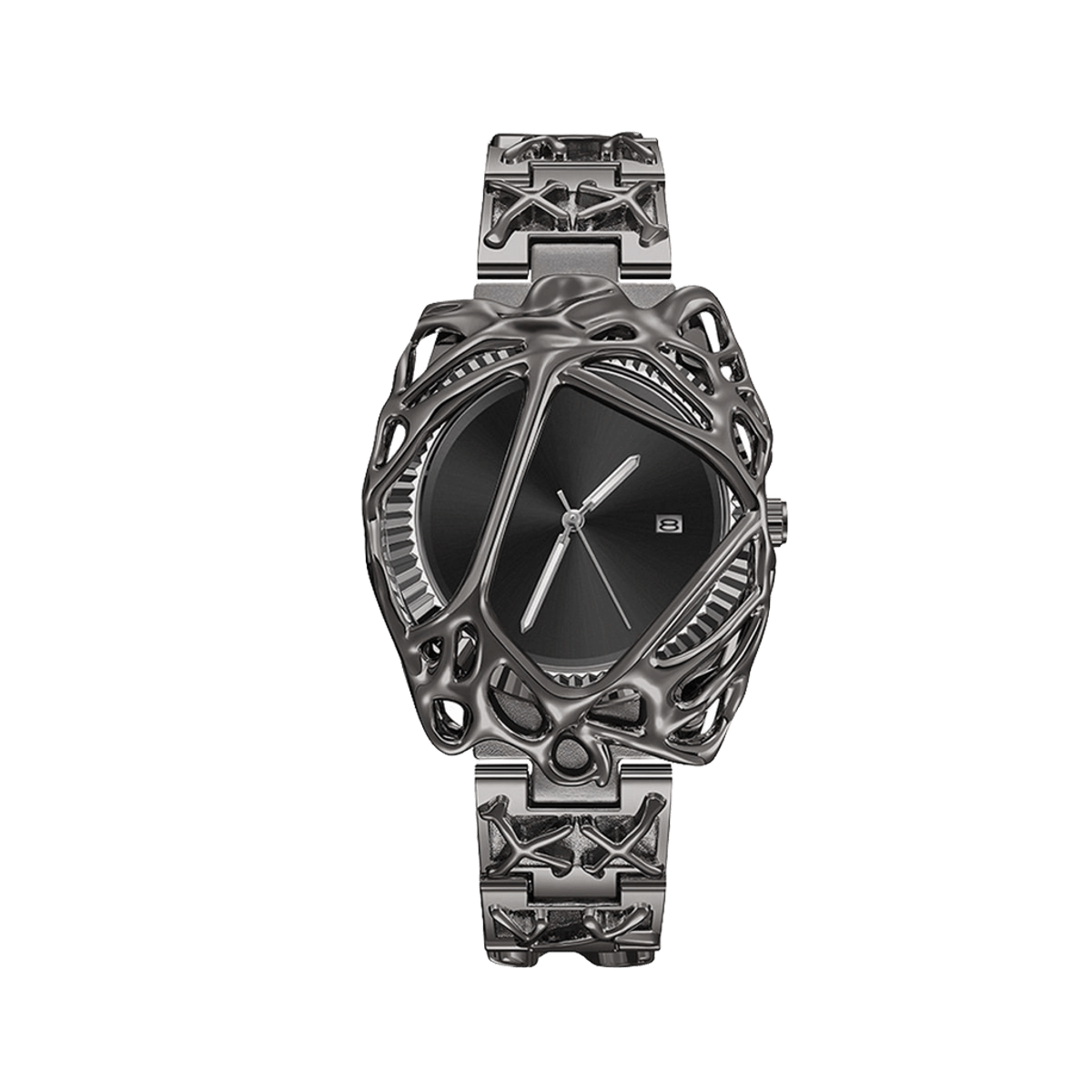 Void Lattice montre avec cadran noir, fenêtre de date, boîtier en cage sculptural argenté et bracelet en métal assorti, vue avant
