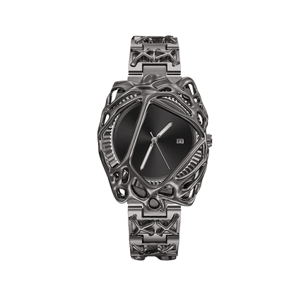 Void Lattice montre avec cadran noir, fenêtre de date, boîtier en cage sculptural argenté et bracelet en métal assorti, vue avant