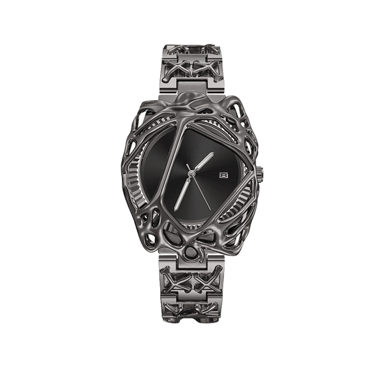 Void Lattice watch with black dial, date window, sculptural silver-tone cage case and matching metal bracelet, front view