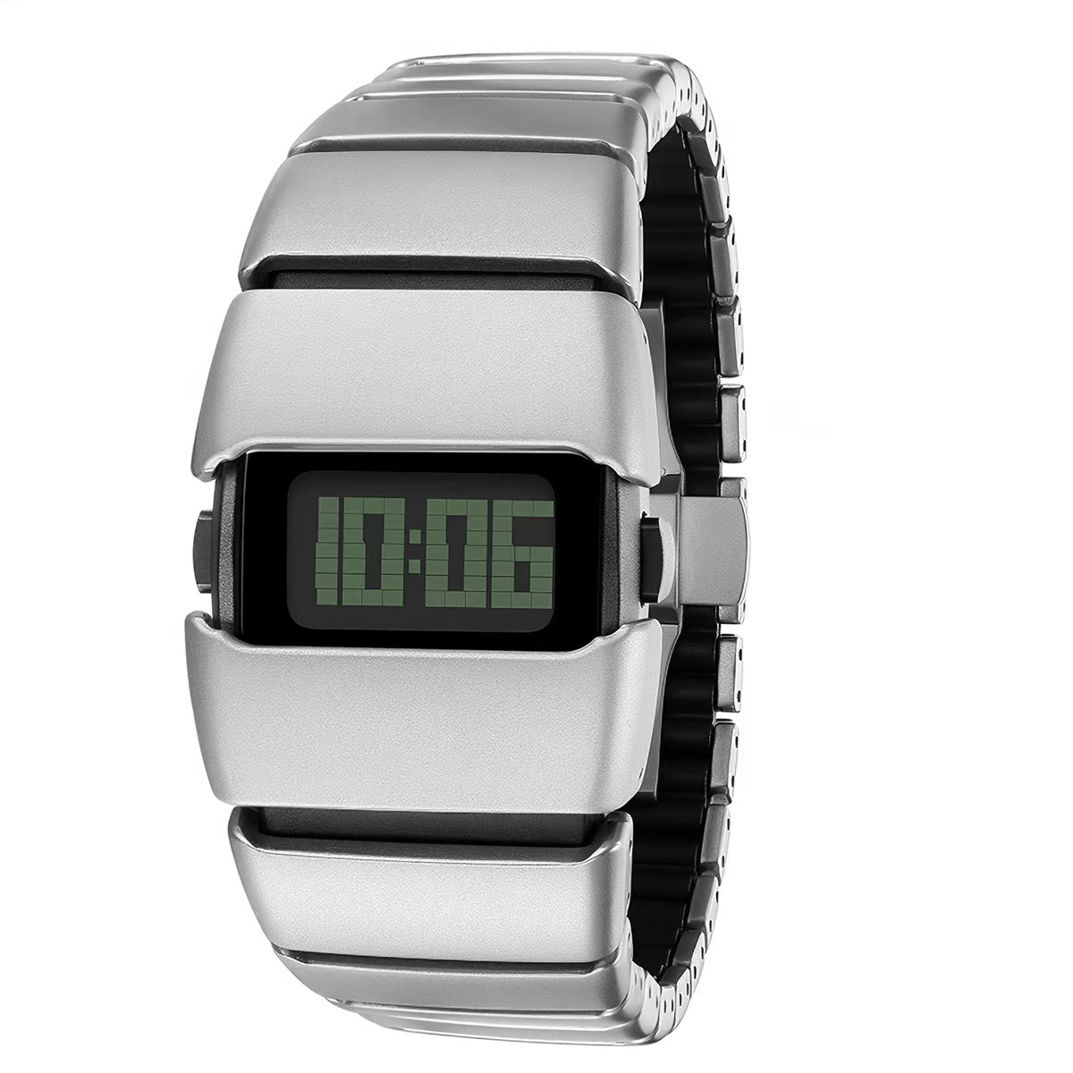 Exoskeleton Link matte silver Y2K futuristic LCD watch front view