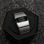 Exoskeleton Link matte silver Y2K futuristic LCD watch presented in box