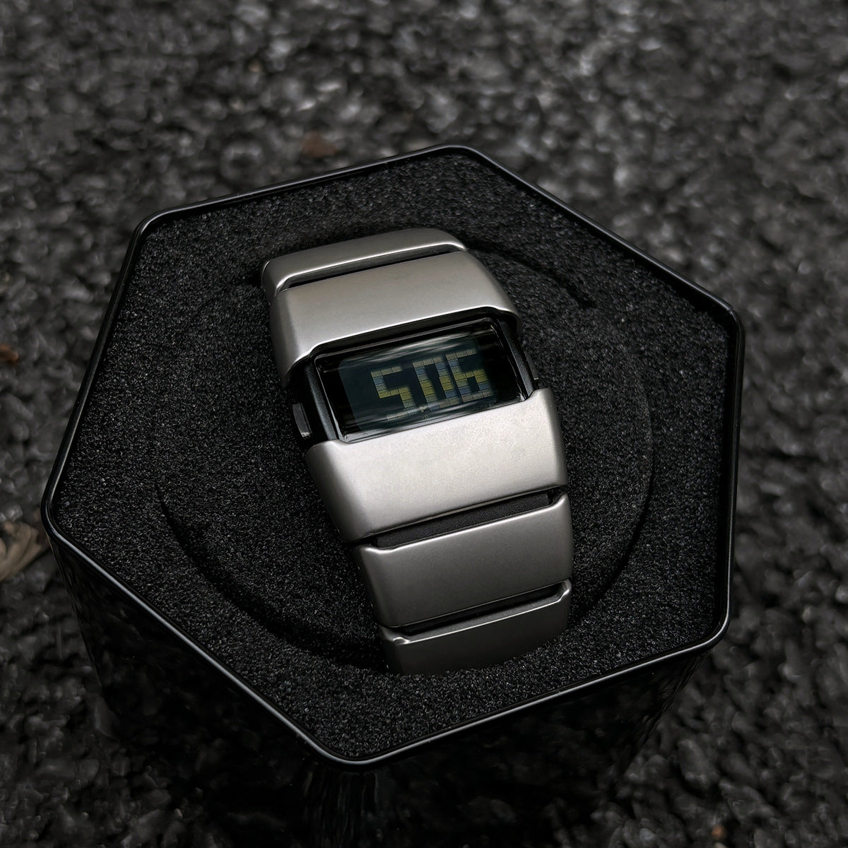 Exoskeleton Link matte silver Y2K futuristic LCD watch presented in box