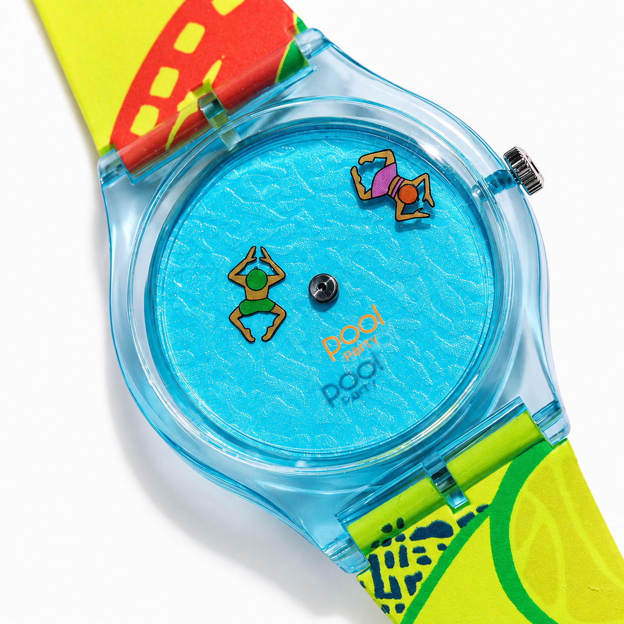 Pool Party translucent blue watch with playful swimmers on aqua dial close-up