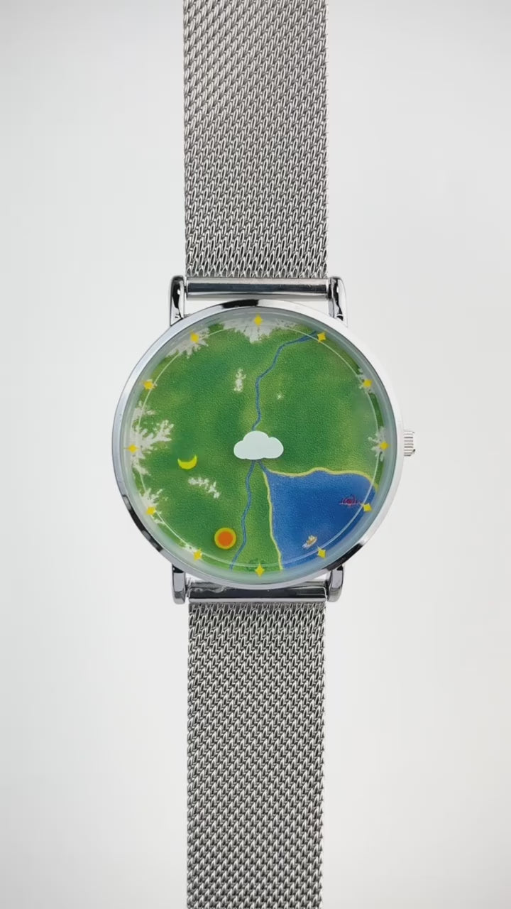 Nature's Orbit watch video demonstrating the Sun hour indicator and Moon minute indicator orbiting the landscape dial