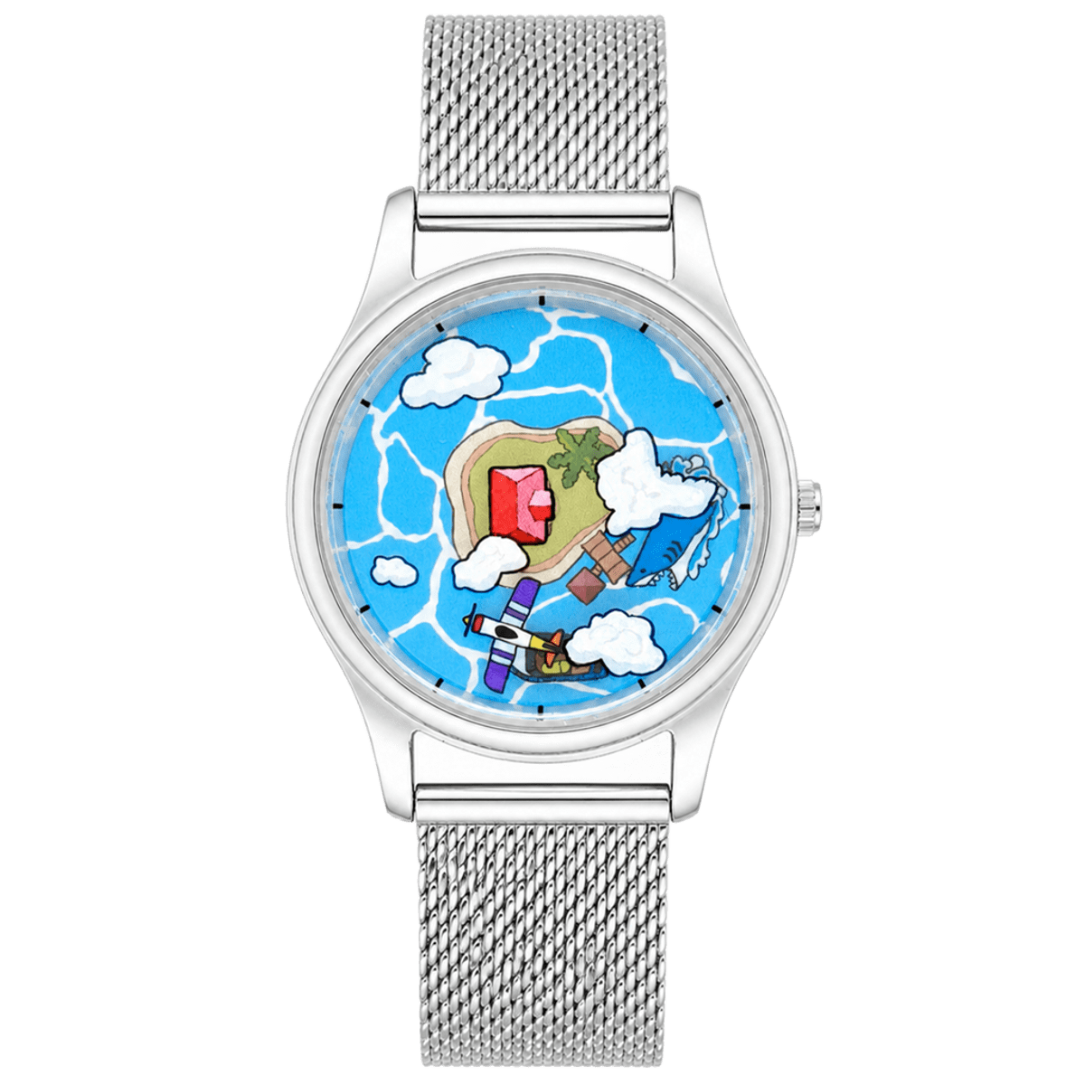 Voyager's Log watch with blue island adventure dial, illustrated airplane and clouds, and silver mesh strap, front view