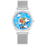 Voyager's Log watch with blue island adventure dial, illustrated airplane and clouds, and silver mesh strap, front view