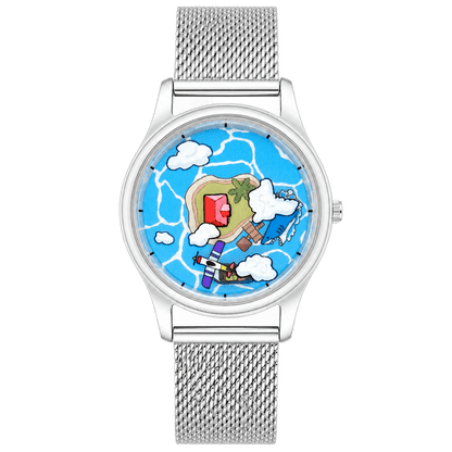 Voyager's Log watch with blue island adventure dial, illustrated airplane and clouds, and silver mesh strap, front view