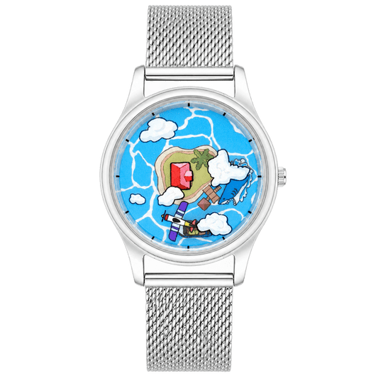 Voyager's Log watch with blue island adventure dial, illustrated airplane and clouds, and silver mesh strap, front view