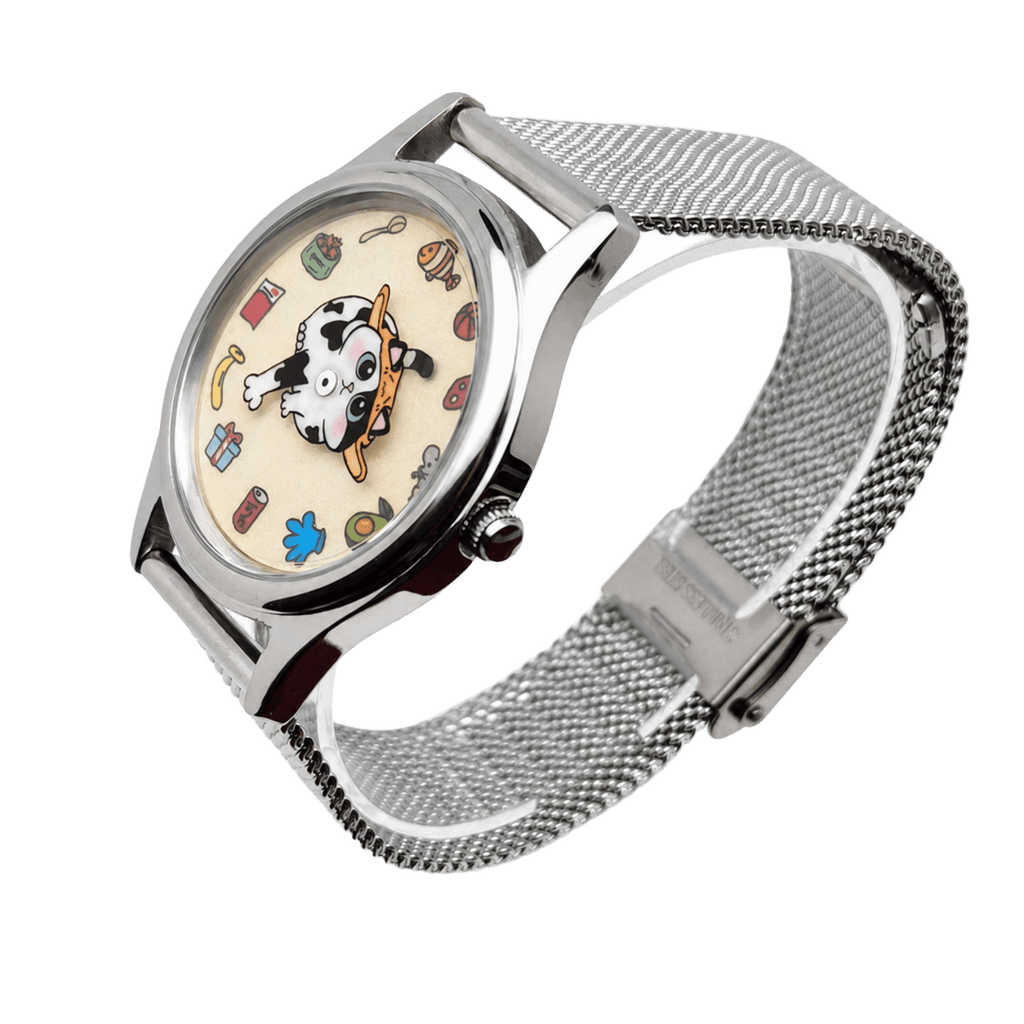 Meow's Wishlist Tuxedo Cat watch with silver mesh strap, angled view