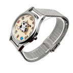 Meow's Wishlist Tuxedo Cat watch with silver mesh strap, angled view