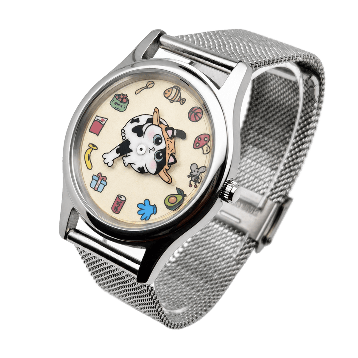 Meow's Wishlist Tuxedo Cat watch showing the playful cat dial from another angle