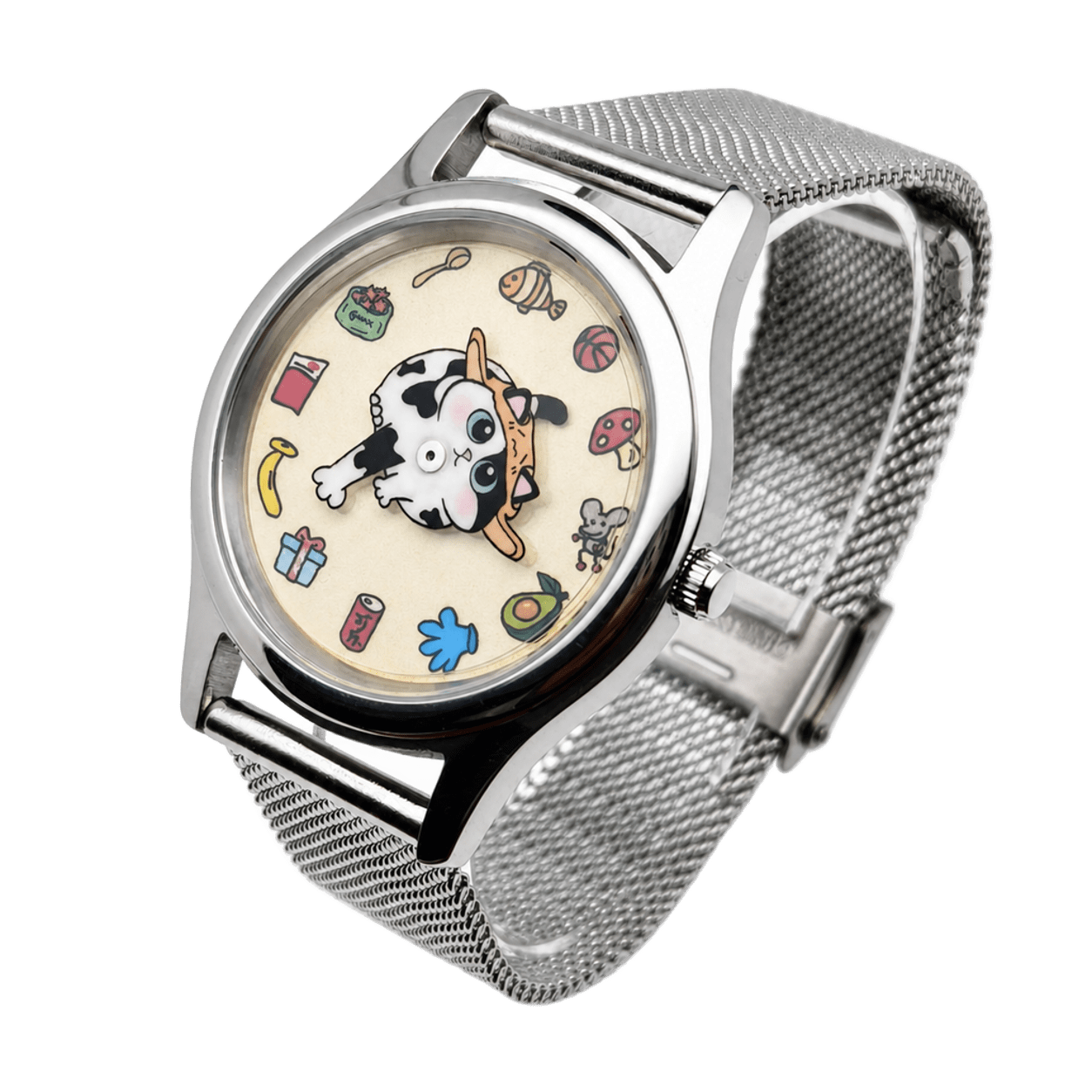 Meow's Wishlist Tuxedo Cat watch showing the playful cat dial from another angle