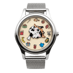 Meow's Wishlist Tuxedo Cat watch with silver mesh strap, front view