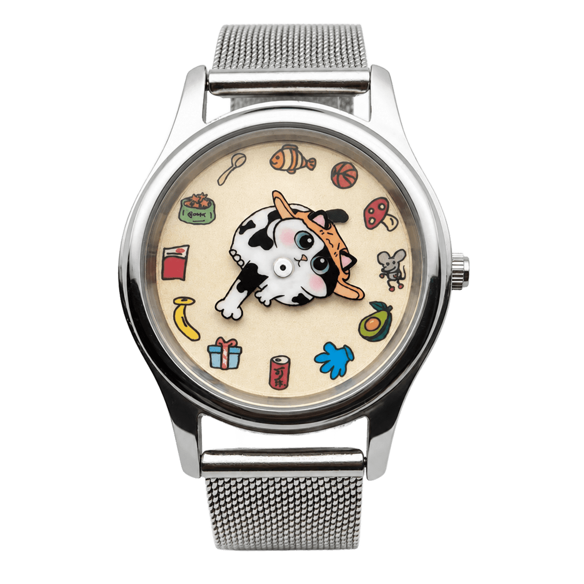 Meow's Wishlist Tuxedo Cat watch with silver mesh strap, front view