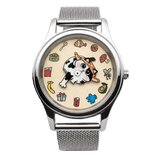 Front view of CHOOSZ Meow's Wishlist Tuxedo Cat watch with illustrated cream dial, silver case and stainless steel mesh strap