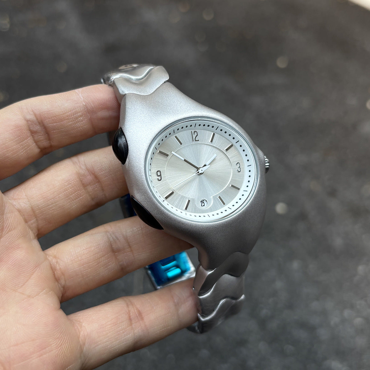 Chrome Ripple silver wavy metal watch angled view