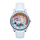 CHOOSZ Cozy Co-op watch with colorful cartoon animal dial, game controller illustrations, silver case and white leather strap
