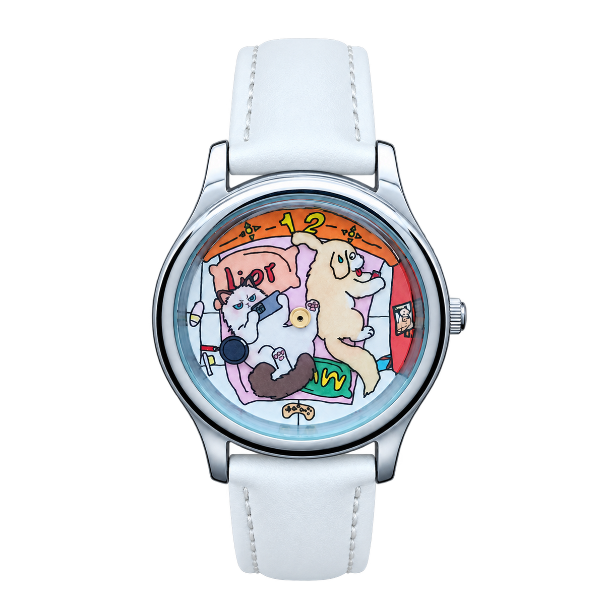 CHOOSZ Cozy Co-op watch with colorful cartoon animal dial, game controller illustrations, silver case and white leather strap