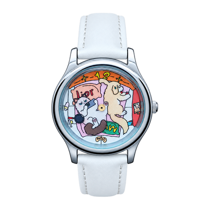 CHOOSZ Cozy Co-op watch with colorful cartoon animal dial, game controller illustrations, silver case and white leather strap