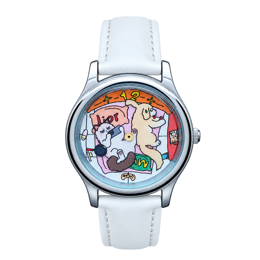 CHOOSZ Cozy Co-op watch with colorful cartoon animal dial, game controller illustrations, silver case and white leather strap