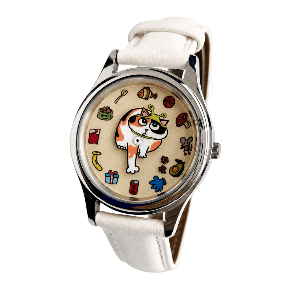 Meow's Wishlist Calico Cat watch with white leather strap, angled view