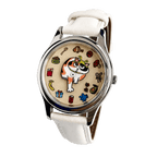 Meow's Wishlist Calico Cat watch with white leather strap, angled view