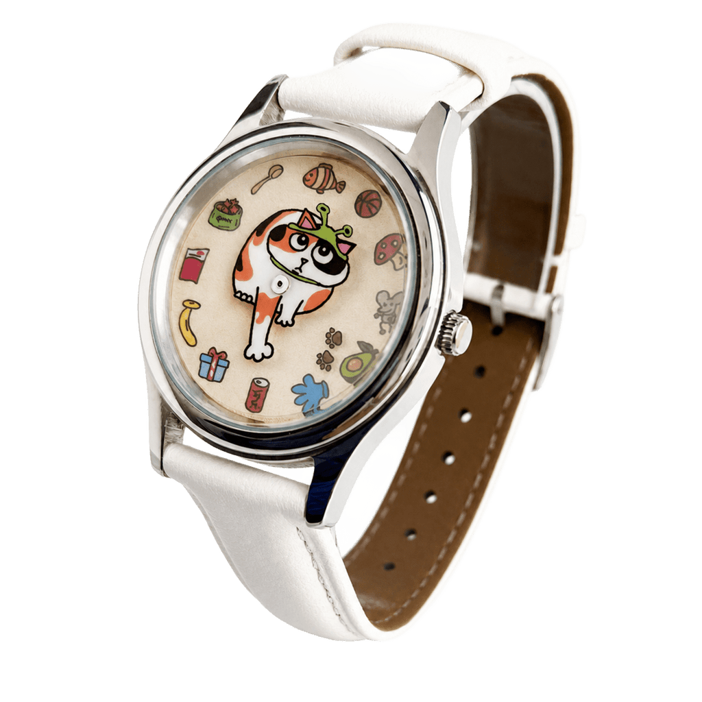 Meow's Wishlist Calico Cat watch showing the playful cat dial from another angle