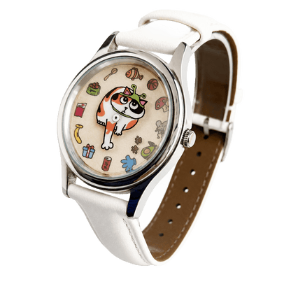 Meow's Wishlist Calico Cat watch showing the playful cat dial from another angle