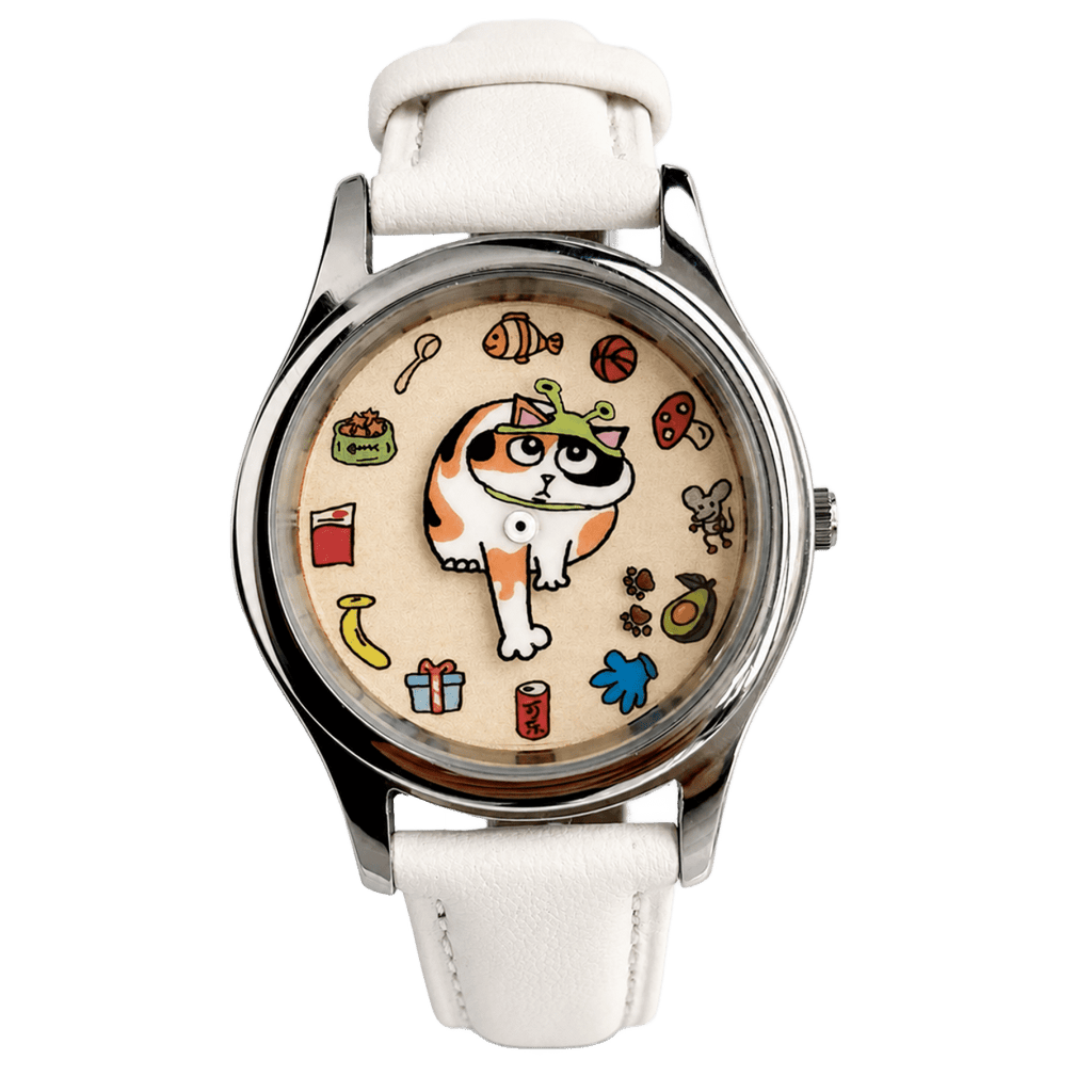 Meow's Wishlist Calico Cat watch with white leather strap, front view