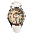 Meow's Wishlist Calico Cat watch with white leather strap, front view
