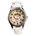 Meow's Wishlist Calico Cat watch with white leather strap, front view