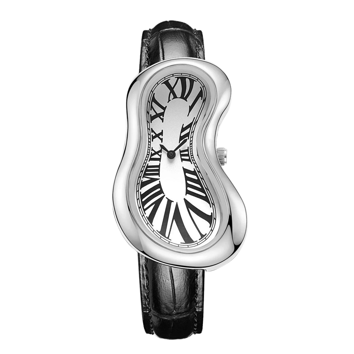 Fluid Mirage montre avec boîtier fondu en argent, cadran blanc en chiffres romains et bracelet en cuir noir, vue avant