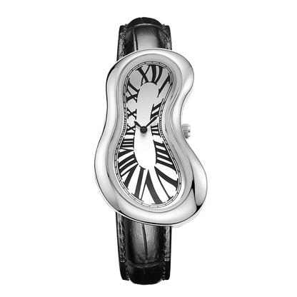 Fluid Mirage montre avec boîtier fondu en argent, cadran blanc en chiffres romains et bracelet en cuir noir, vue avant